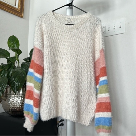 Umgee Knit Sweater Sz M ivory Striped Colorful Long Sleeves Crew - Picture 1 of 9